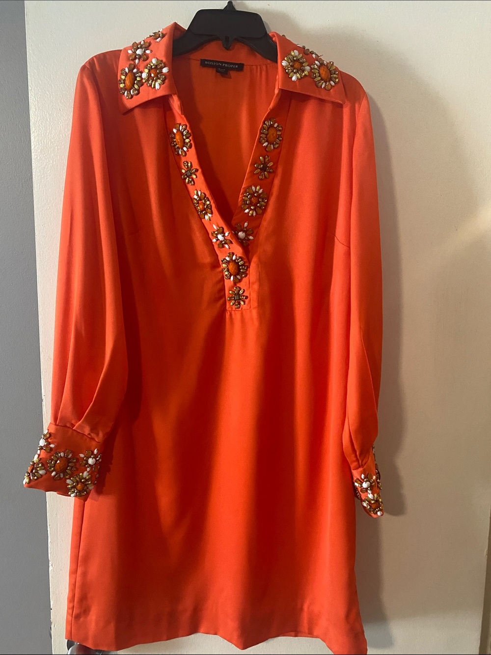 Boston Proper Bright Orange Jeweled V-Neck Tunic